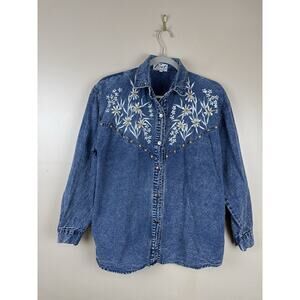 Vintage First Interview Womens Long Sleeve Embroidered Denim Shirt M Western
